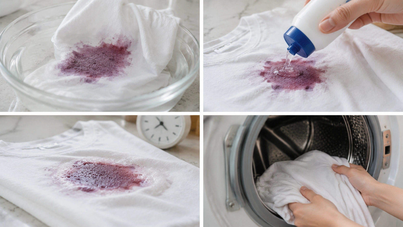 4-panel guide showing how to remove dried red wine stains from clothes by soaking, applying detergent, waiting, and washing a white shirt