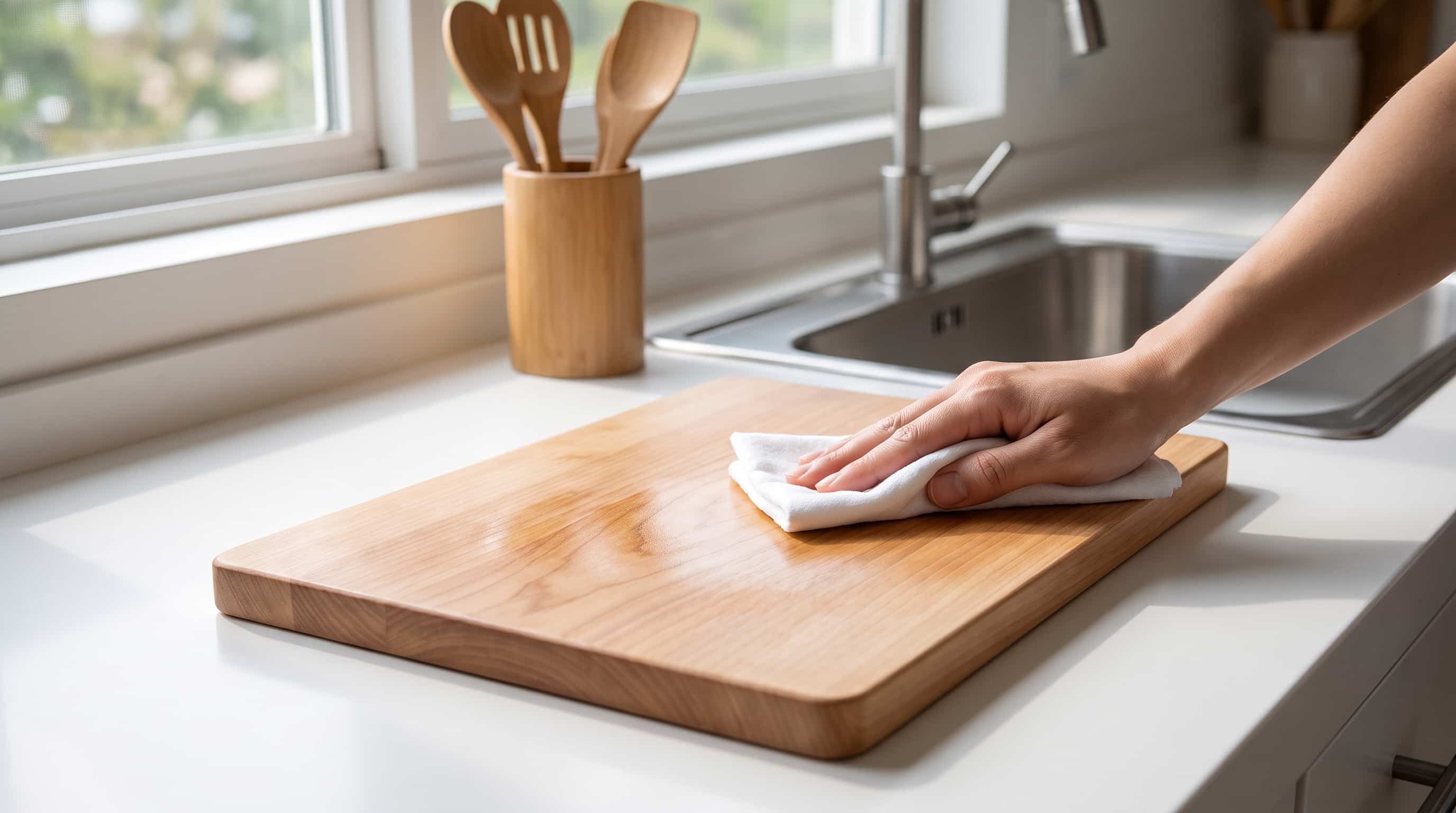 Wiping excess oil from a wooden cutting board, leaving a smooth polished surface.