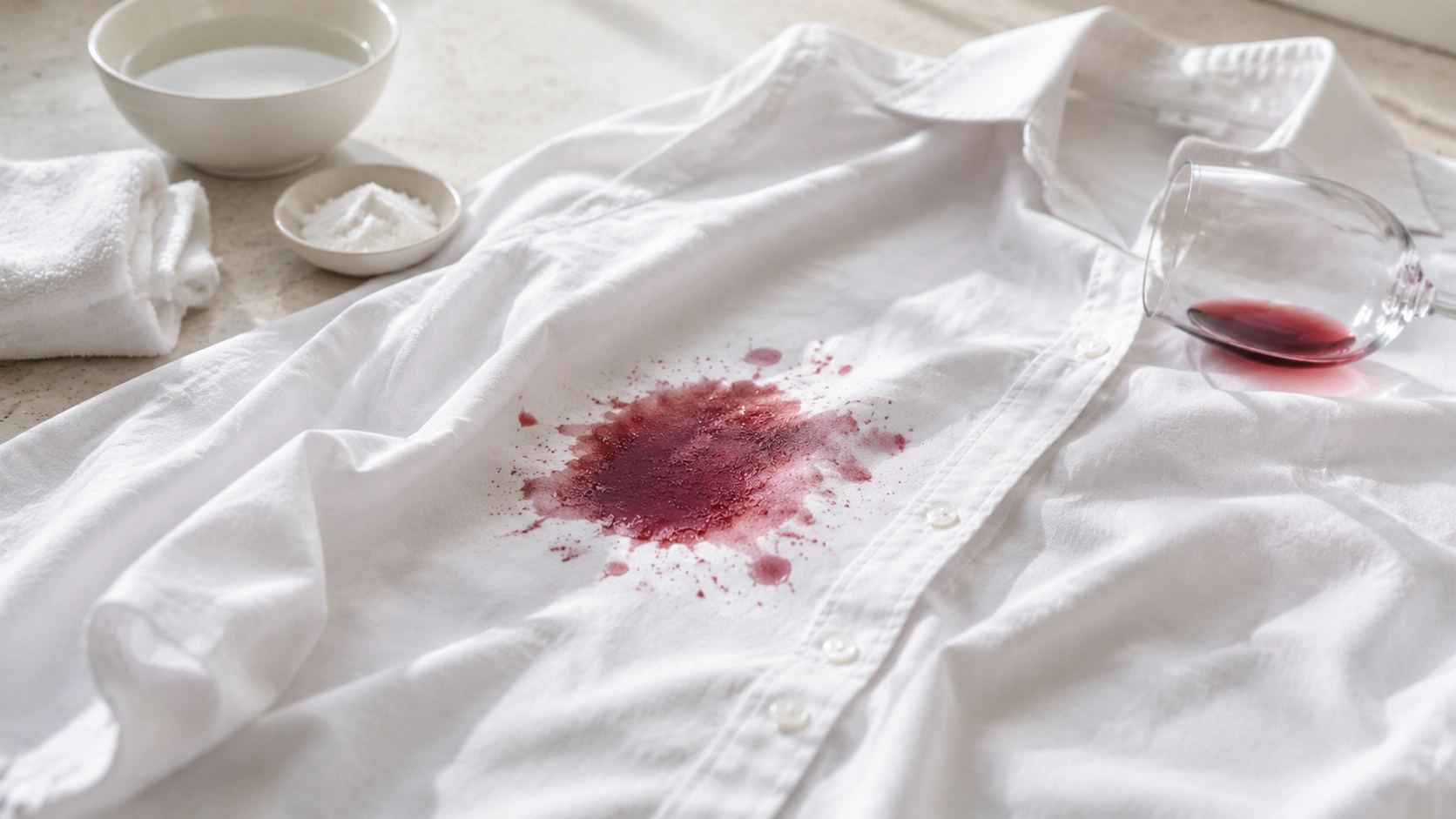 Removing red wine stains from white clothes using hydrogen peroxide and stain treatment methods to restore the fabric