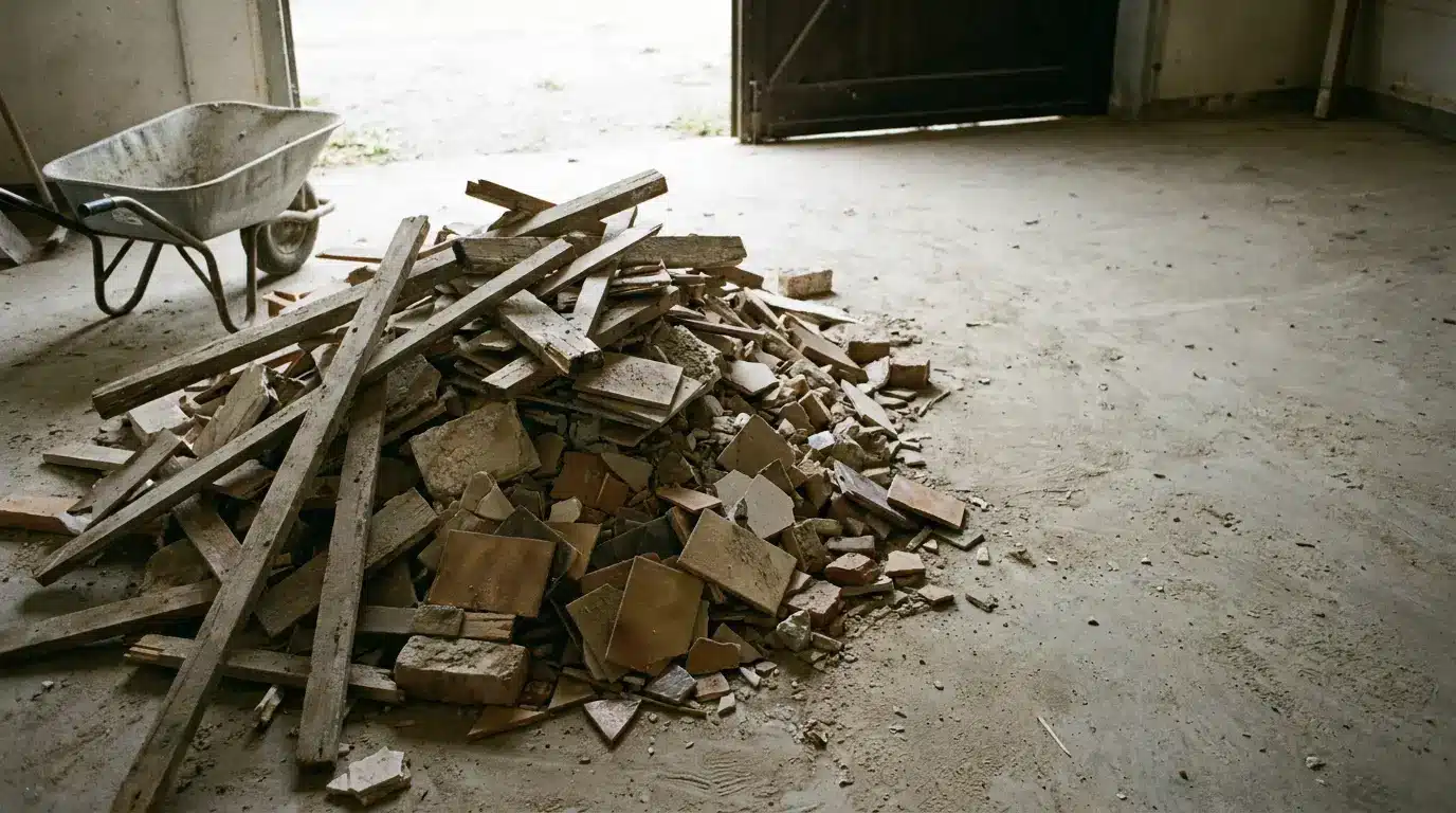 Pile of wooden planks and tiles on dusty garage floor with wheelbarrow nearby