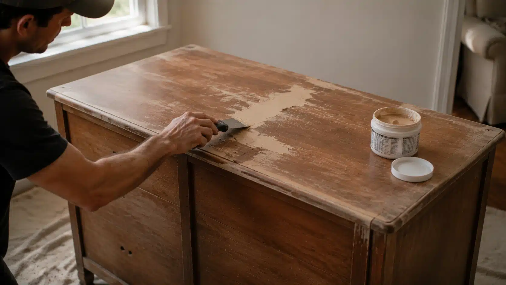 Person applying wood filler with a putty knife to repair cracks and damaged areas on a wooden cabinet surface before refinishing.