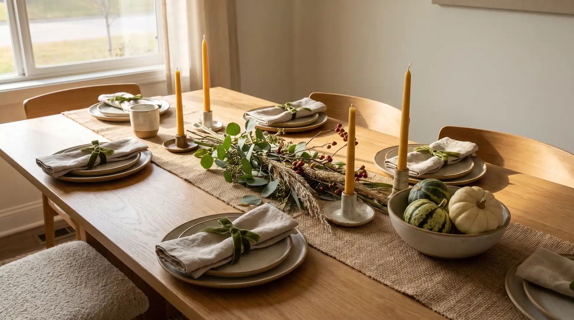 Modern Thanksgiving table with ribbons, greenery, and unique seasonal decor.