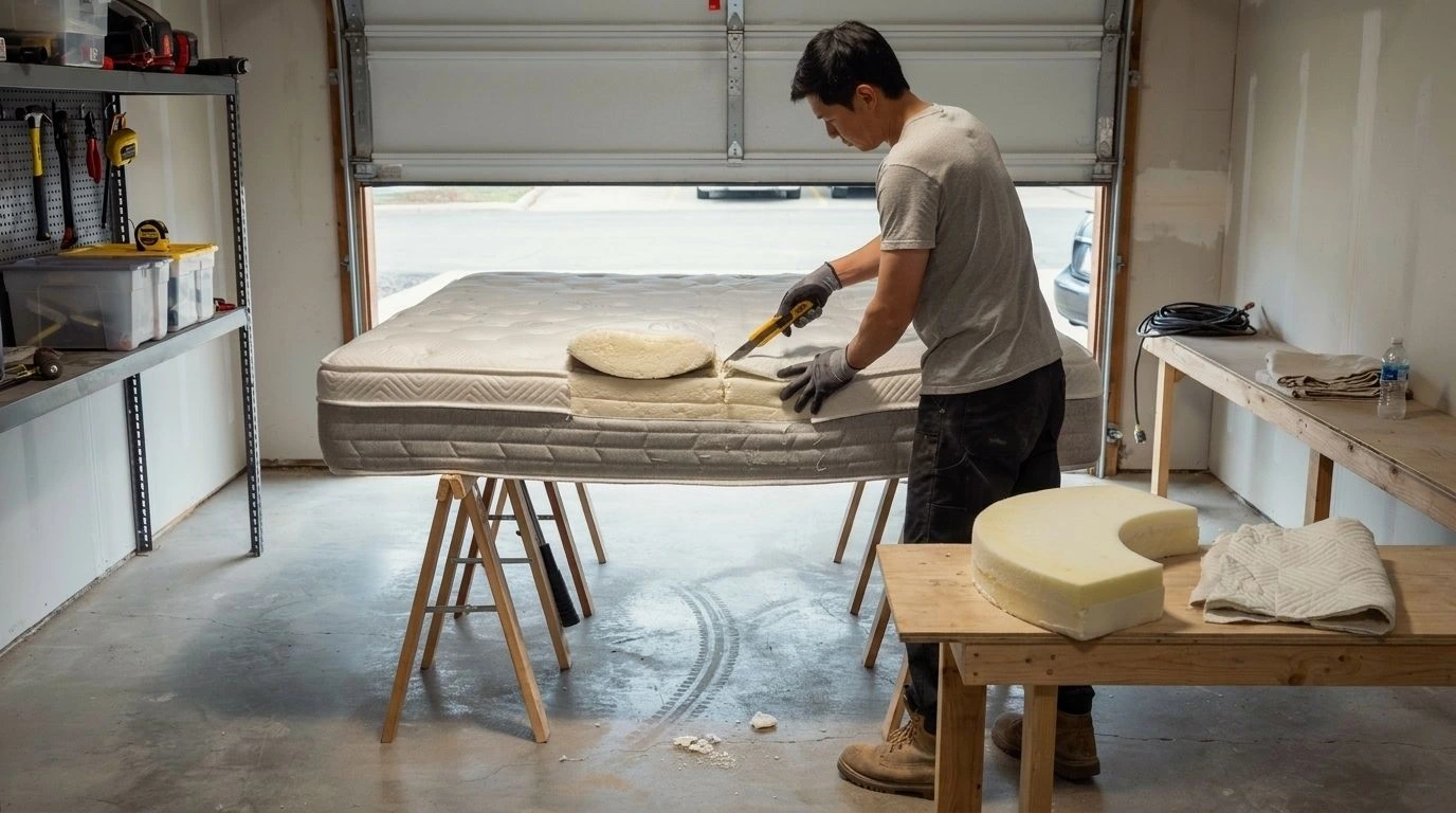 A person cuts foam from a mattress on a workbench to build a DIY pet bed.
