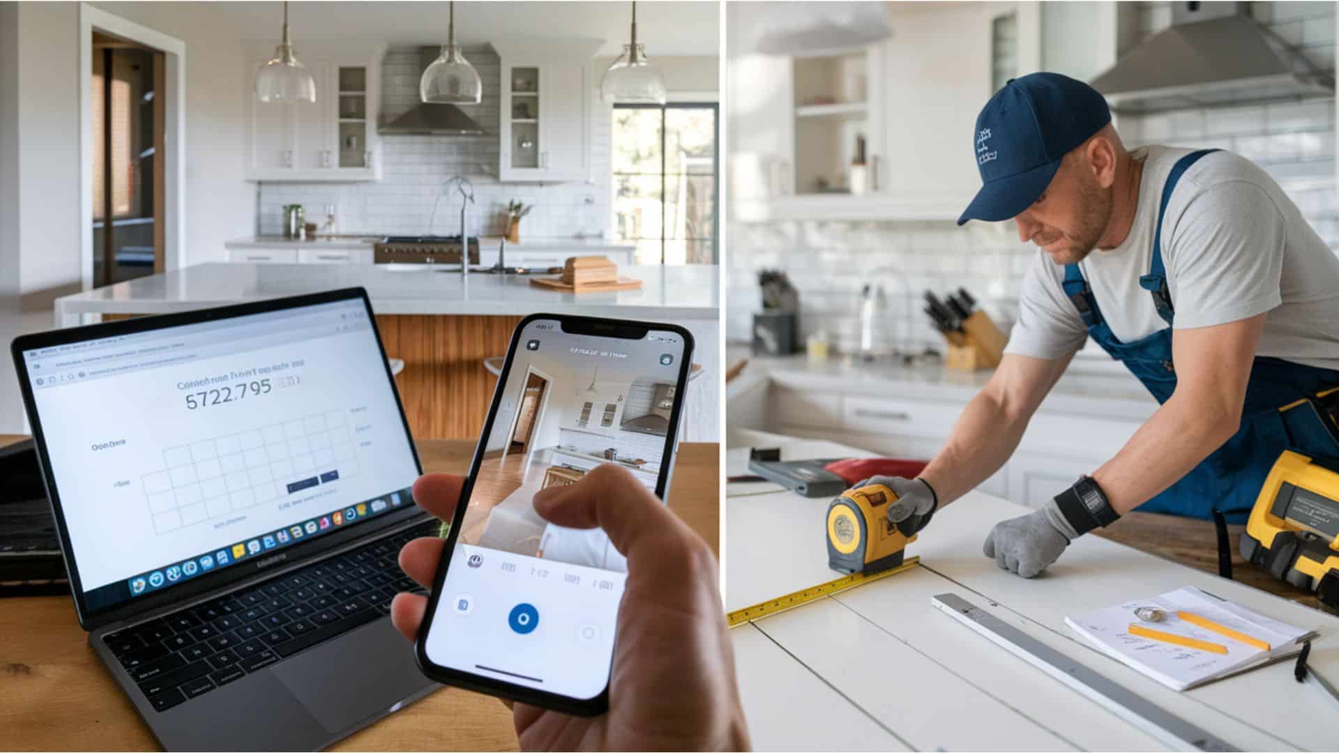 Split photo of a smartphone app next to a laptop, and a professional contractor measuring a kitchen countertop.