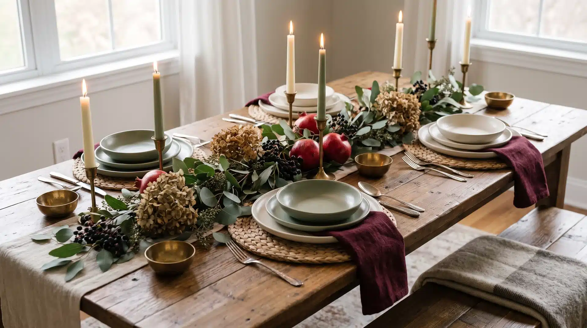 Modern Thanksgiving table with sage, burgundy, and ivory tones.