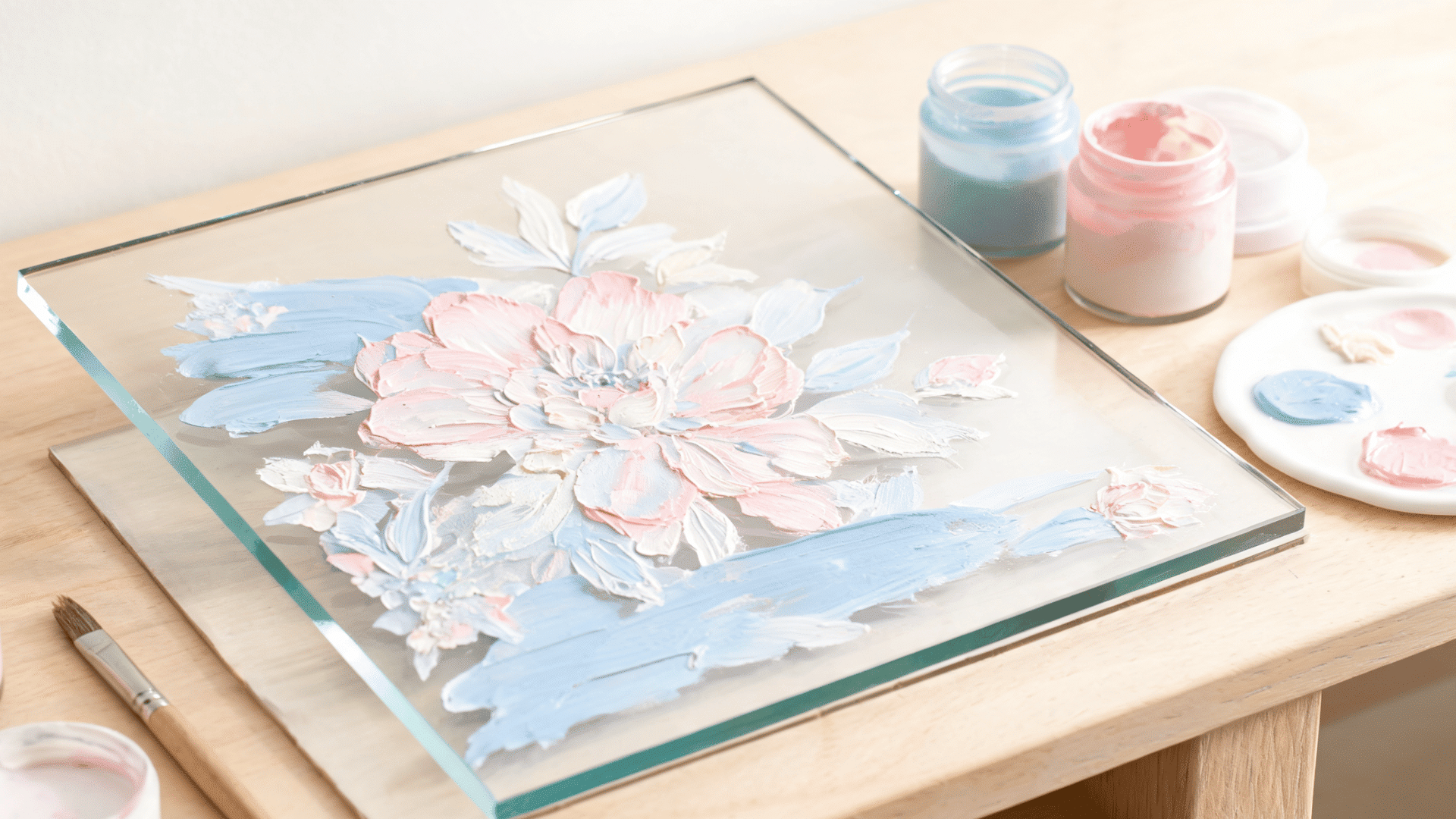 Reverse glass painting showing a floral design painted on a glass sheet