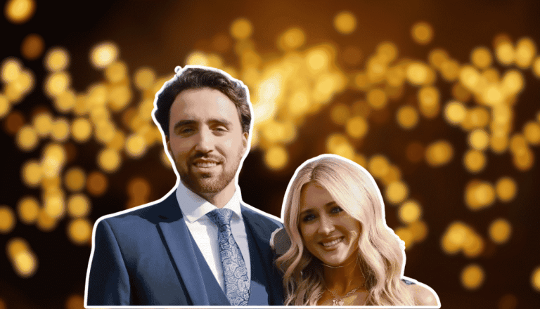 Photo of Riley Gaines and her husband in formal attire, cutout portrait with white outline, set against warm golden bokeh lights background style.