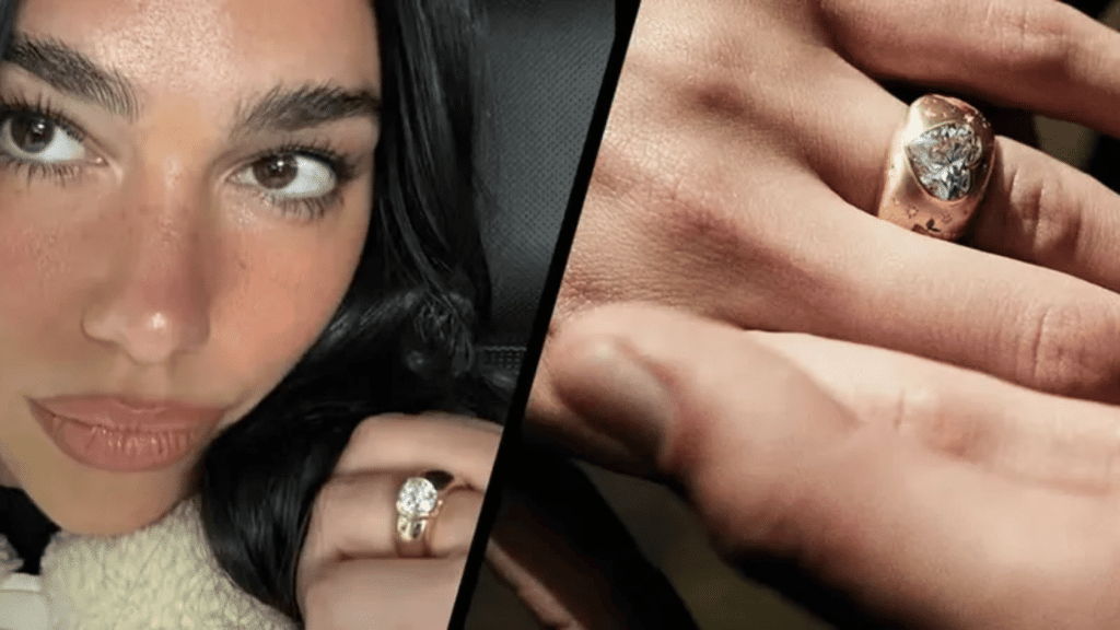 Dua Lipa showing her oval diamond engagement ring set in a gold dome band, with a close-up detail shot