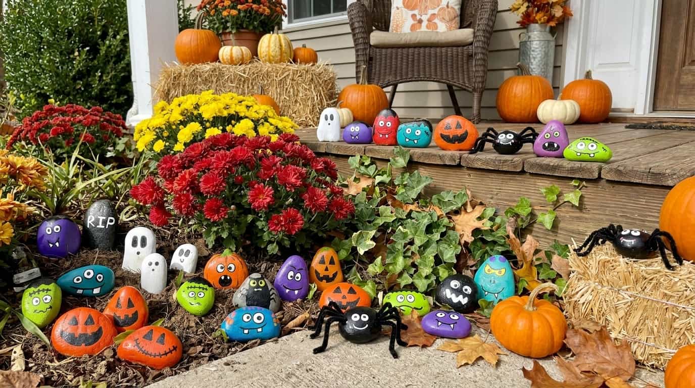 Painted Halloween rock characters arranged around a garden flower bed