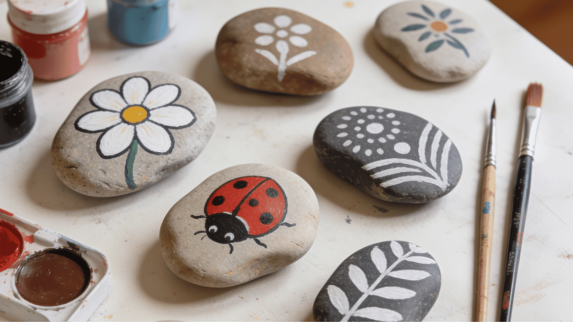 Rock painting featuring painted stones with brushes and paint