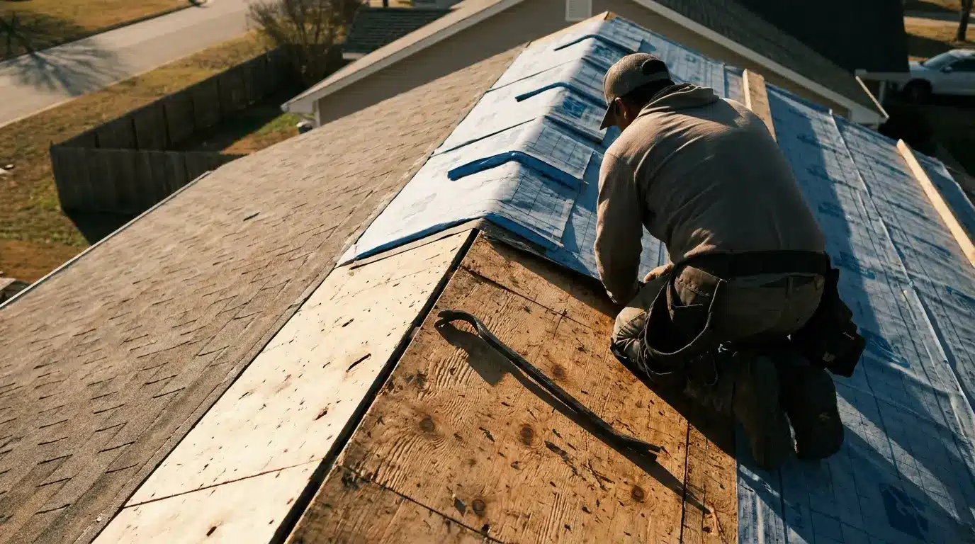 Roofer in cap kneeling on house roof installing blue tar paper with pry bar nearby