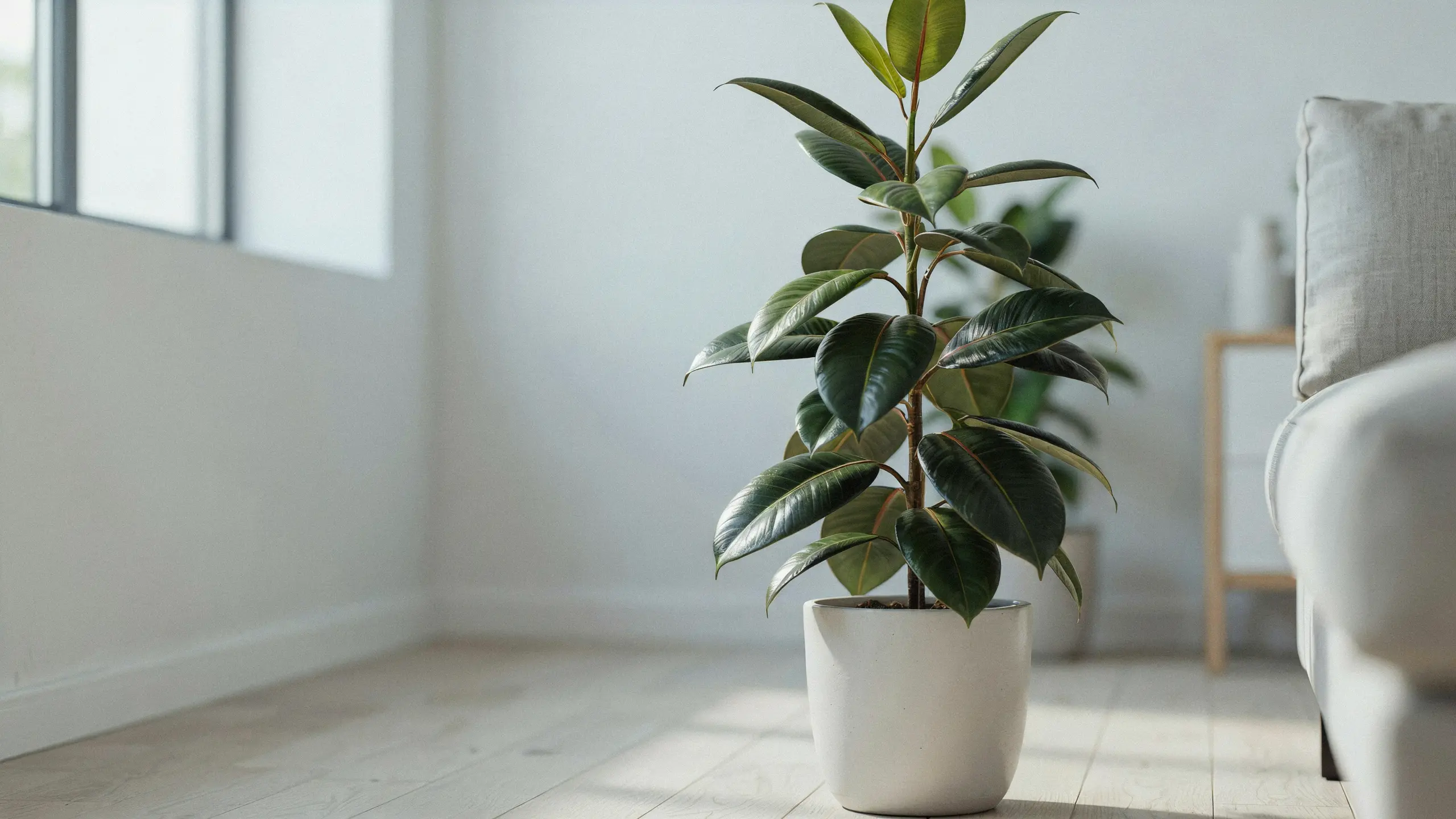 Rubber plant with broad glossy leaves in focus against a softly blurred room background.