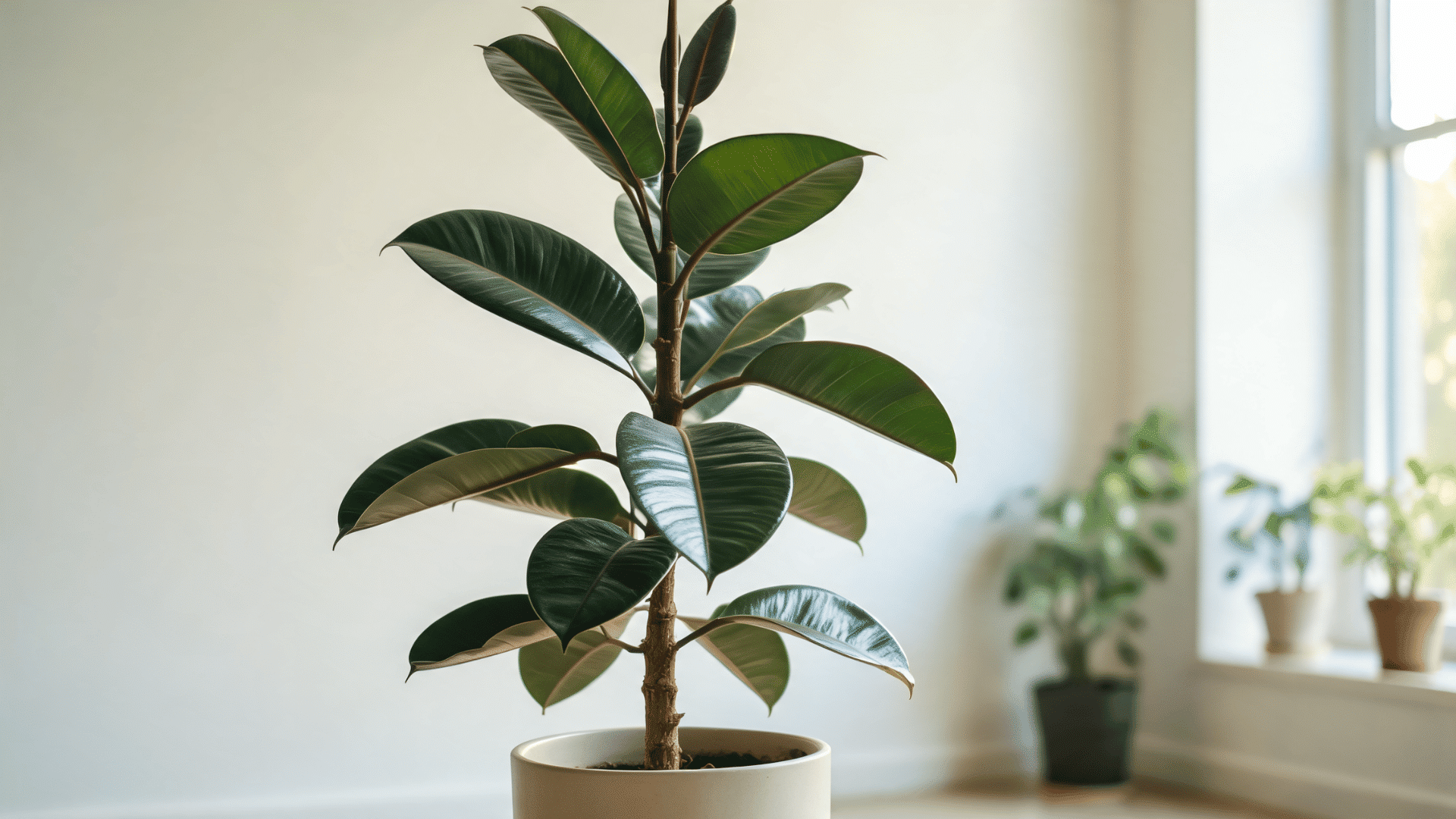 Rubber plant with large glossy green leaves growing in an indoor pot