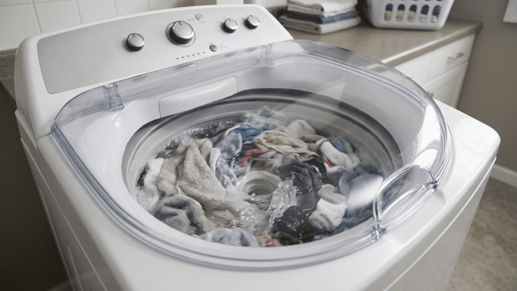 Top load washing machine running full wash cycle with clothes inside during final rinse after cleaning process.