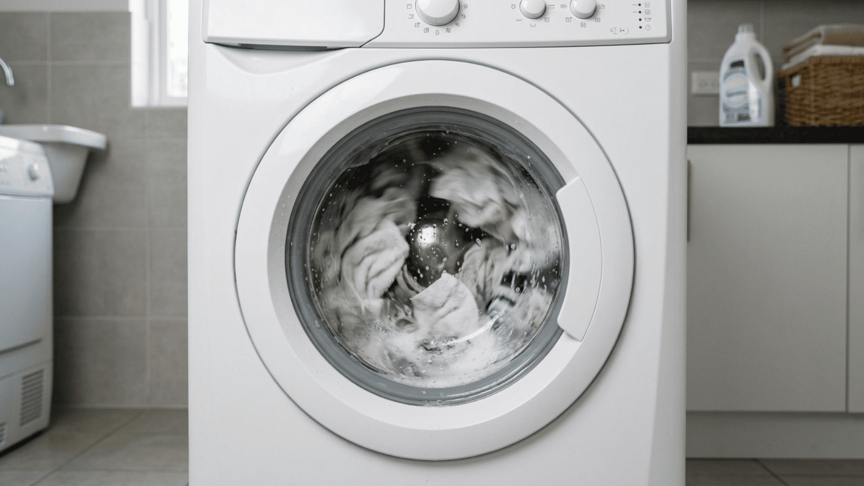 Front load washing machine running hot wash cycle with visible spinning drum