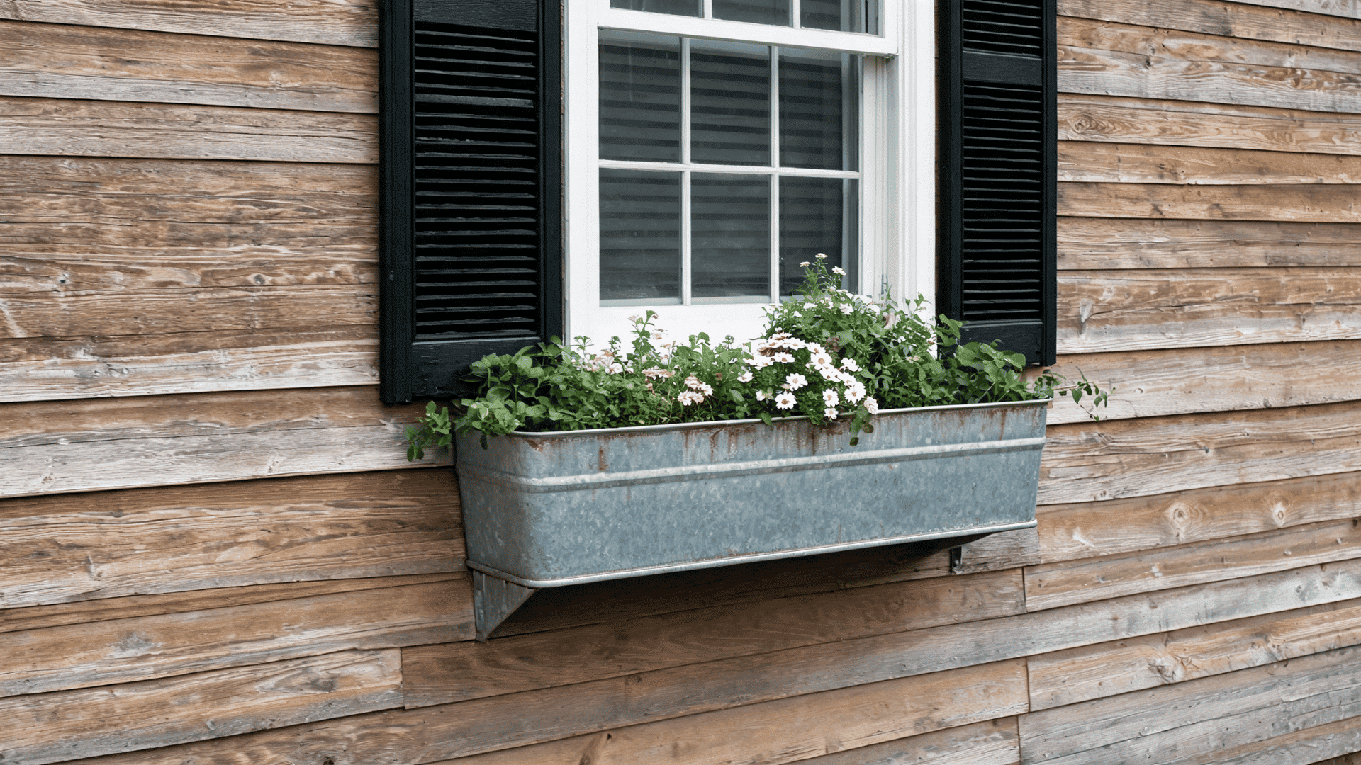A rustic galvanized metal trough window box filled with white flowers and green foliage, mounted on a weathered wood wall below a window with black shutters.