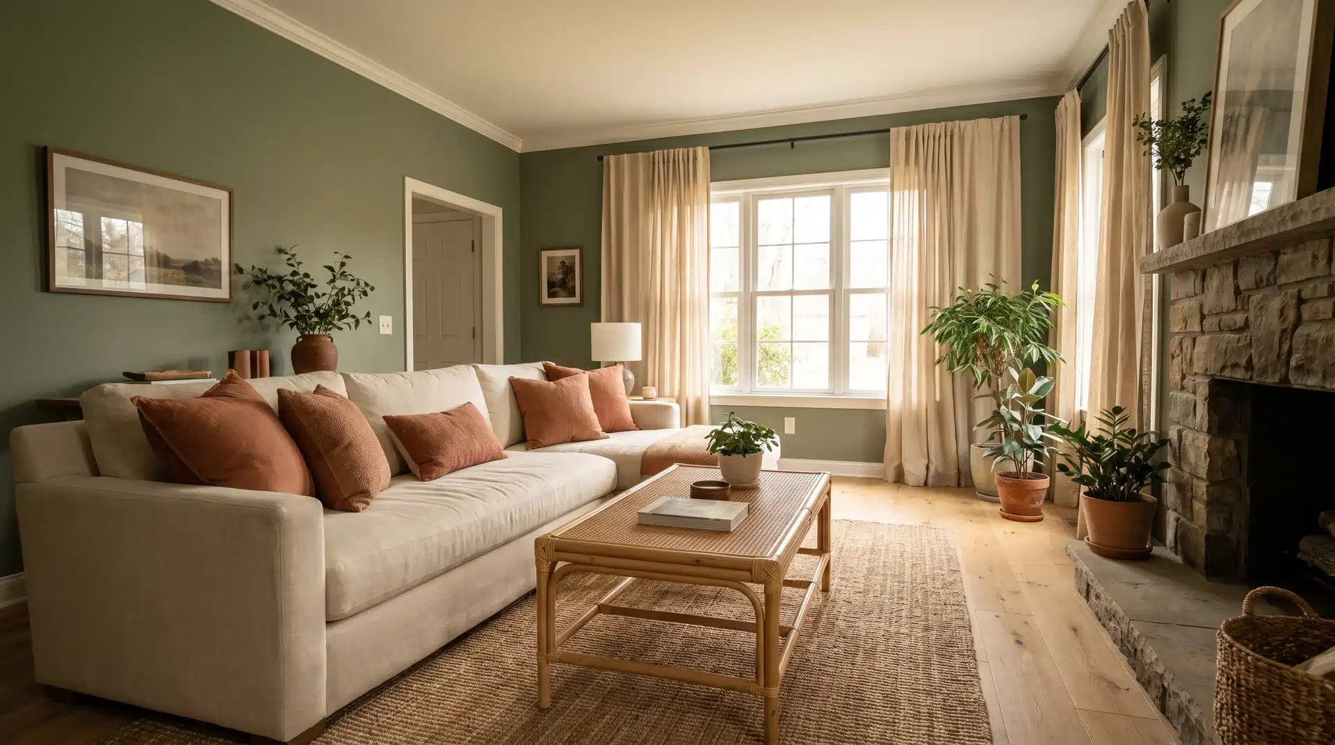 Full living room with Sherwin-Williams Muddled Basil sage green walls and cream linen sofa.