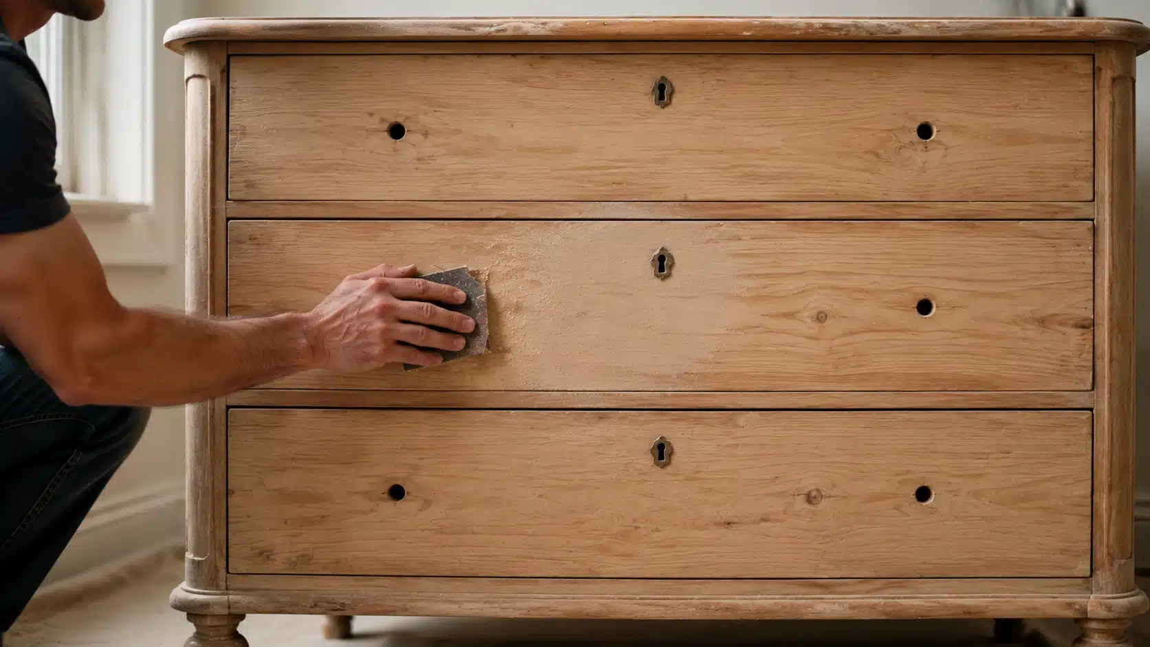 Hand sanding a stripped wooden dresser surface with visible wood grain, smoothing rough areas before refinishing inside a naturally lit home.