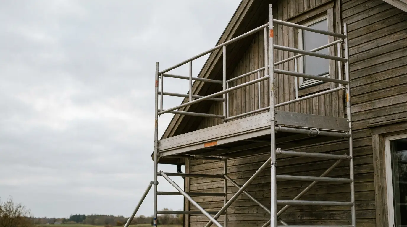 Scaffolding attached to wooden house exterior under overcast sky
