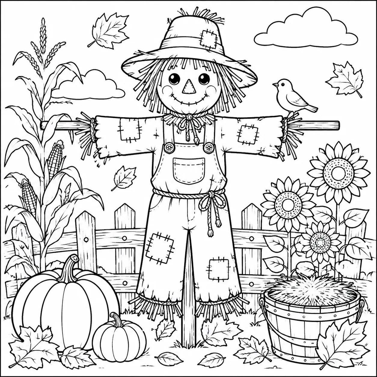 Scarecrow coloring page with a patchwork scarecrow, pumpkins, corn stalks, and autumn farm scenery.