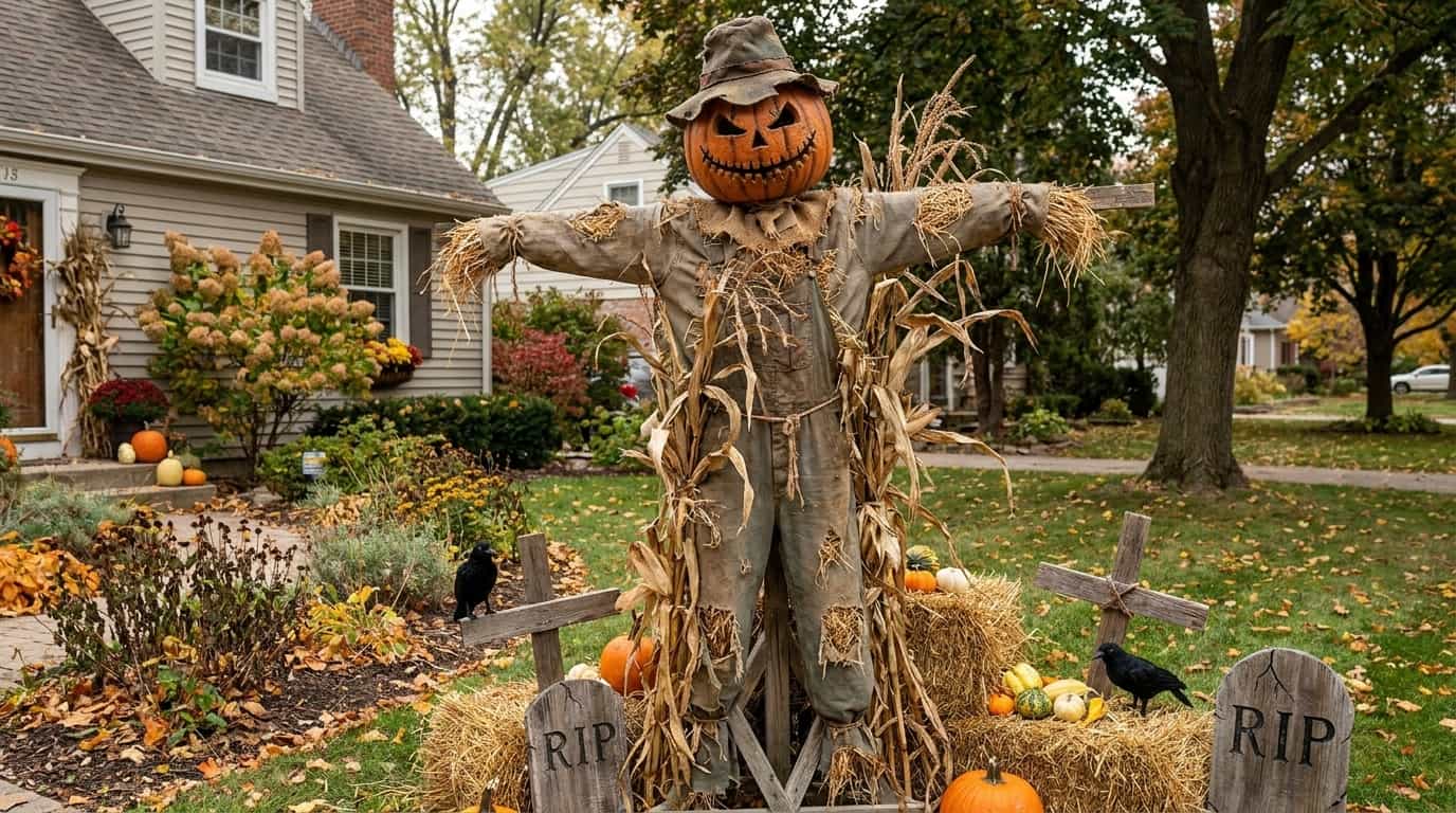 Front yard Halloween scarecrow with rustic seasonal decorations