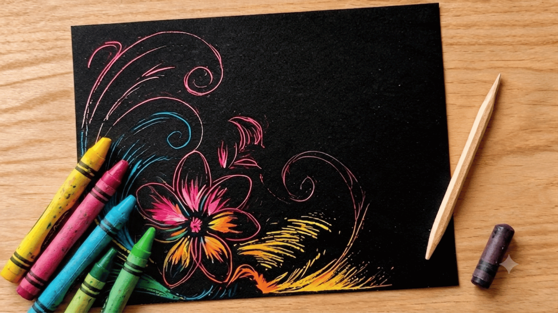 Scratch art painting showing colorful floral patterns scratched onto black paper