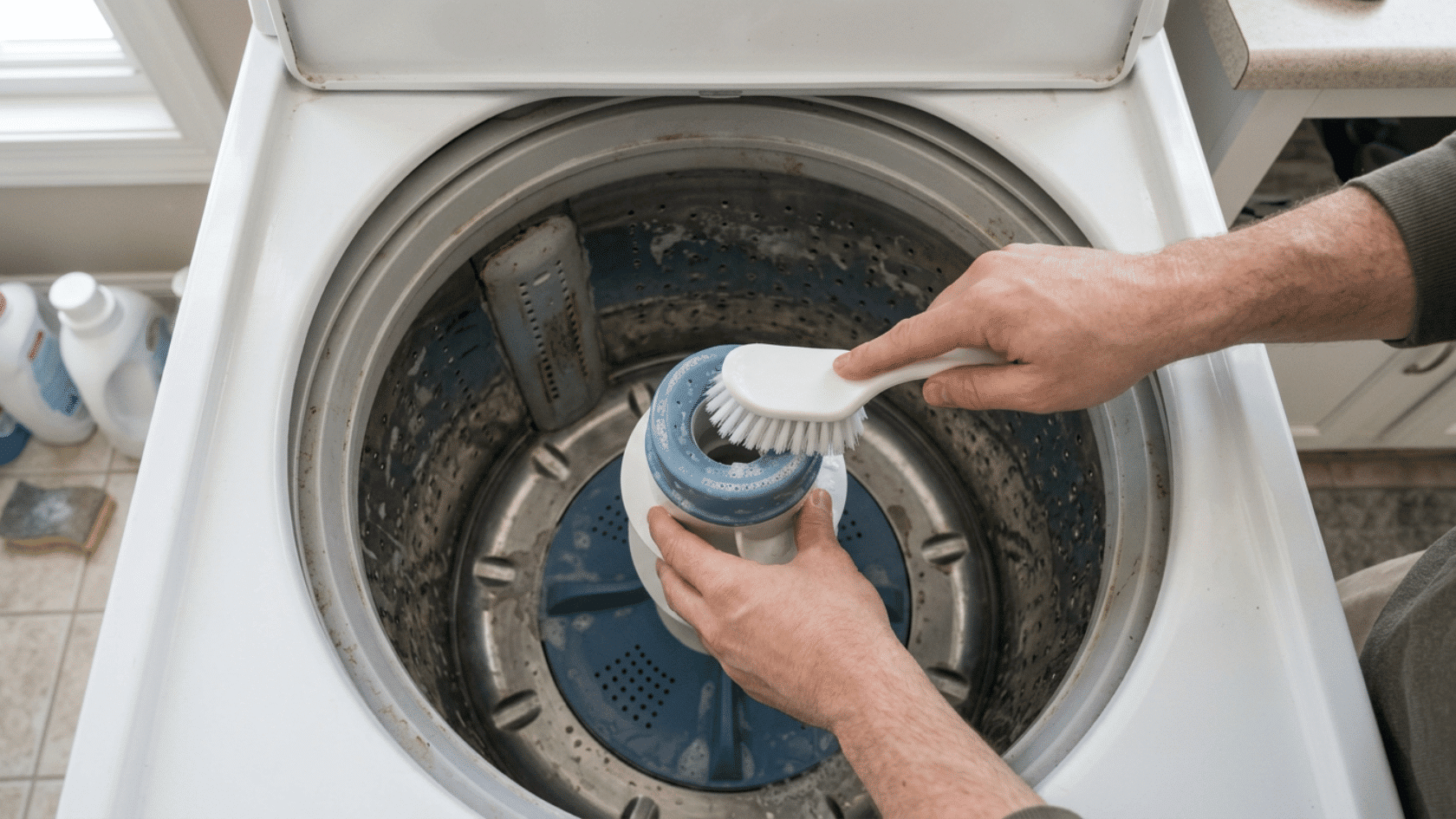 Top load washing machine drum being scrubbed with brush during cleaning process with agitator inside.