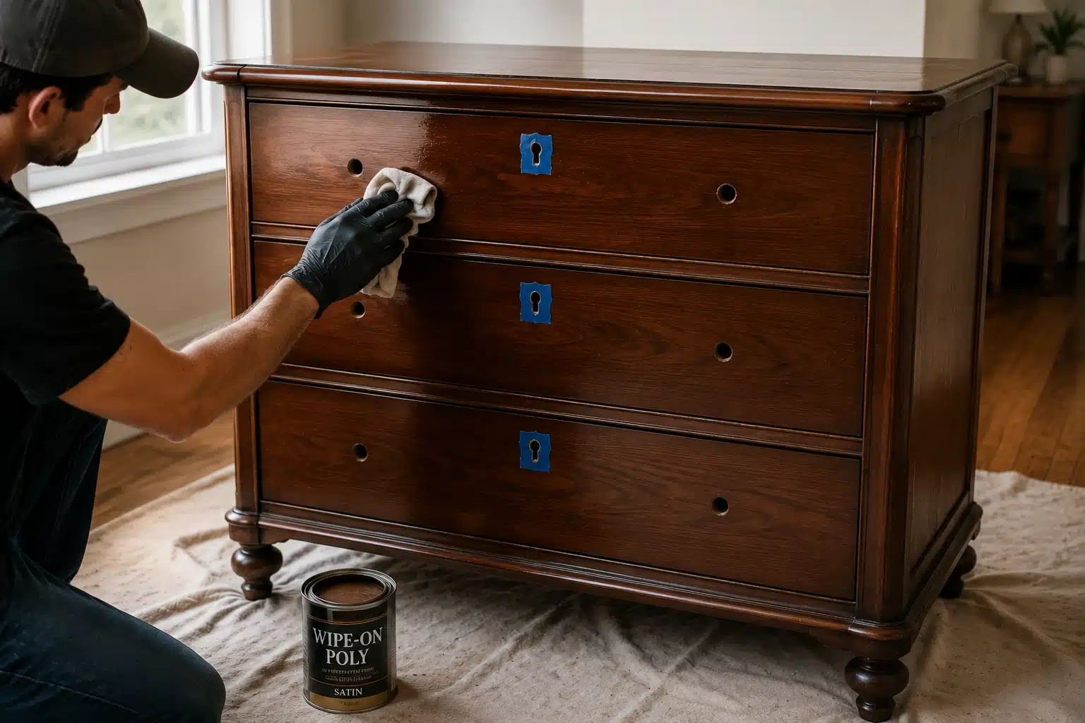 Person applying a protective sealing coat to a fully refinished wooden dresser, highlighting the smooth glossy finish and natural wood grain.