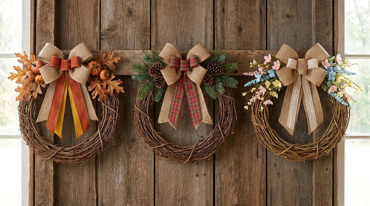 Seasonal burlap bows styled with fall, Christmas, and spring decorative accents on wreaths.