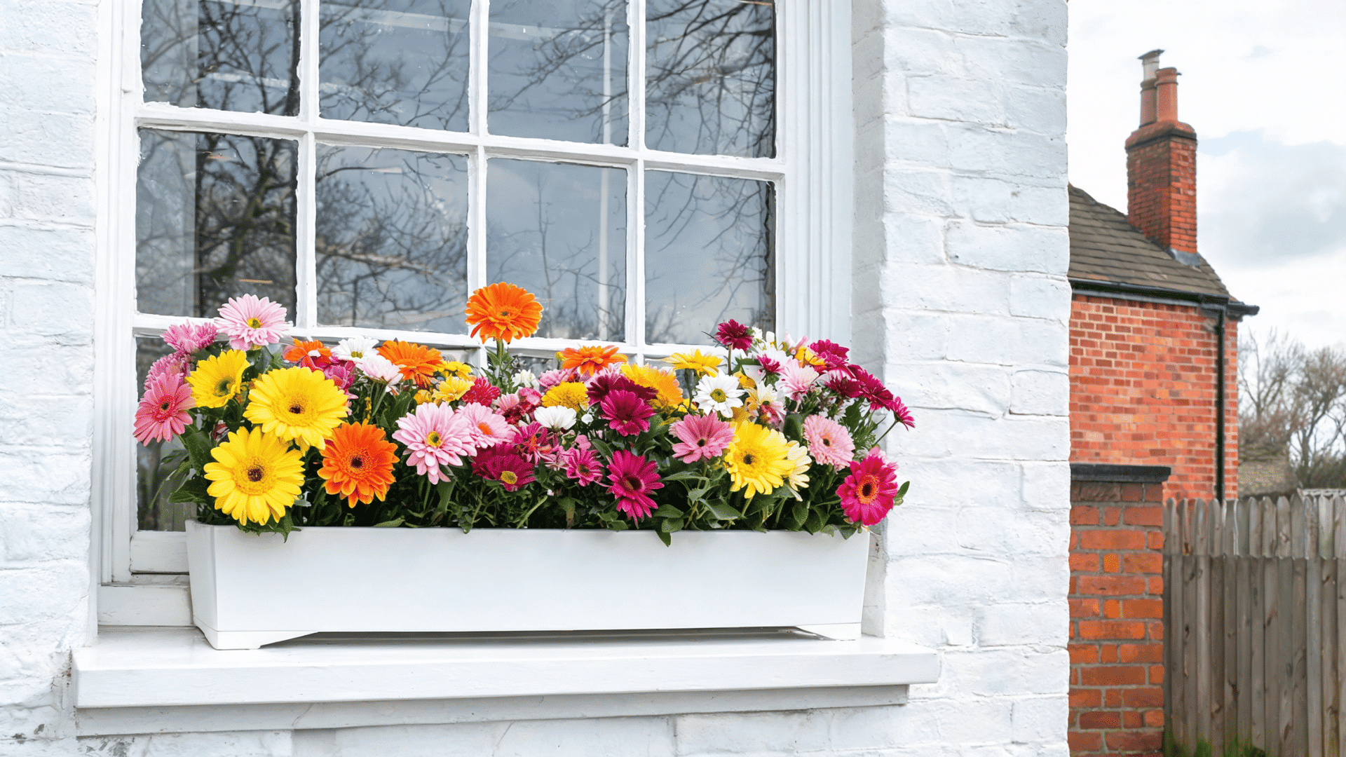A white window box planter filled with a colorful mix of yellow, orange, pink, and magenta gerbera daisies, sitting on the ledge of a white brick building.