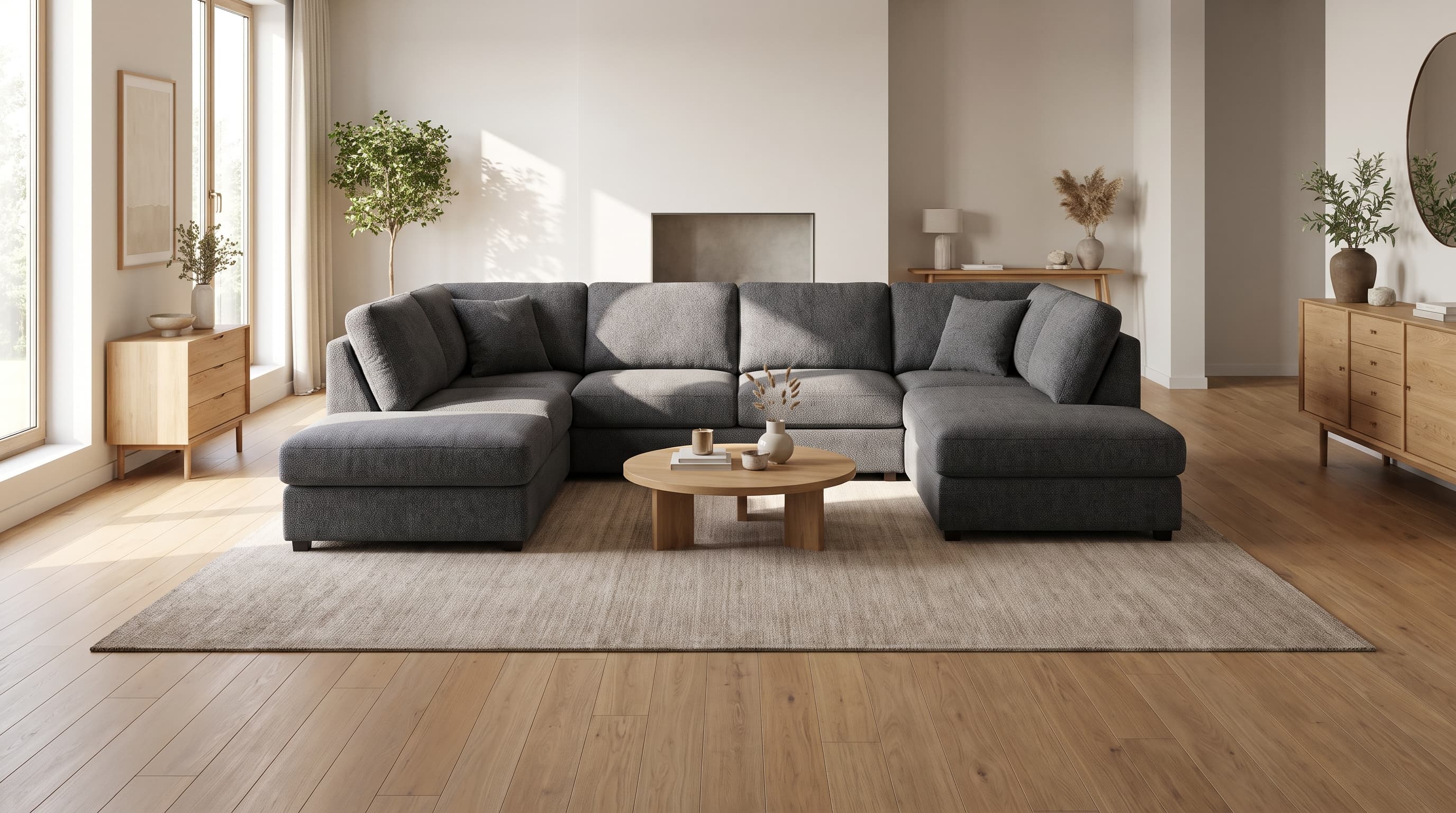 Large sectional sofa showing L-shaped design and extended chaise for spacious living rooms