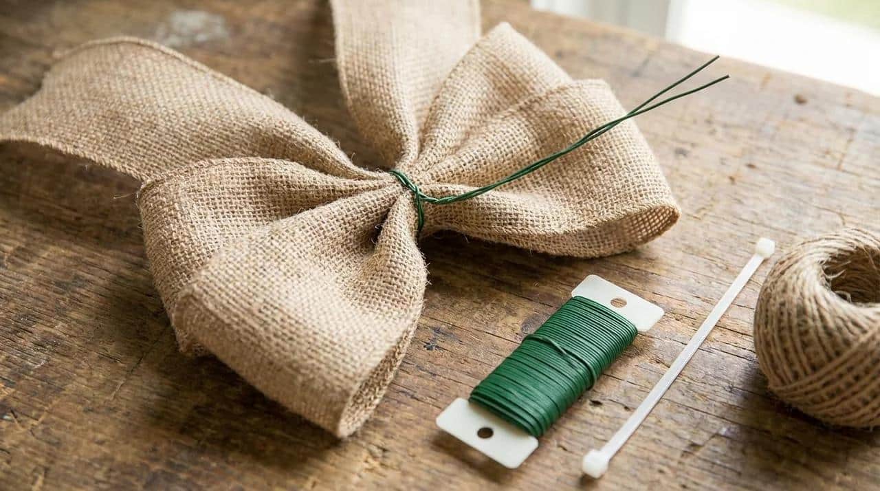 Securing the center of a burlap bow with floral wire, zip tie, or twine to hold the loops in place.