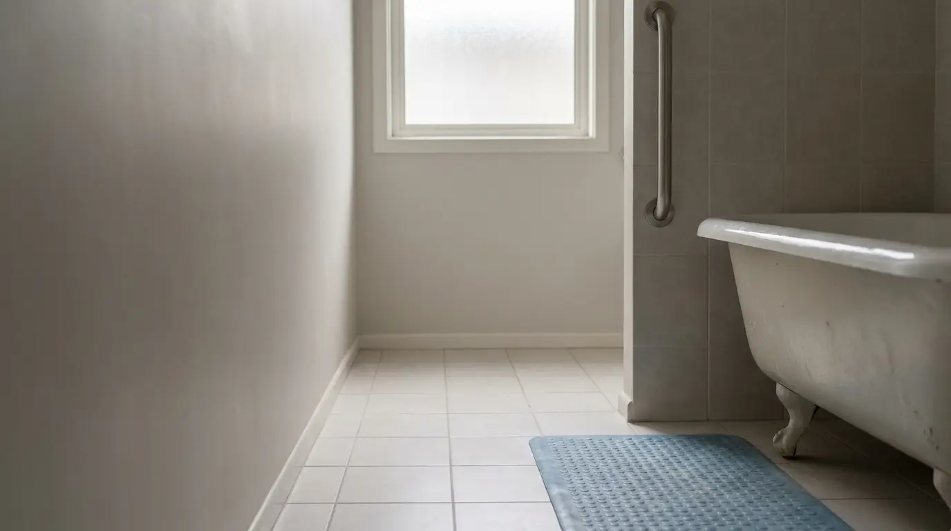 White vintage bathtub with tiled wall in minimalist bathroom, blue bath mat on tiled floor