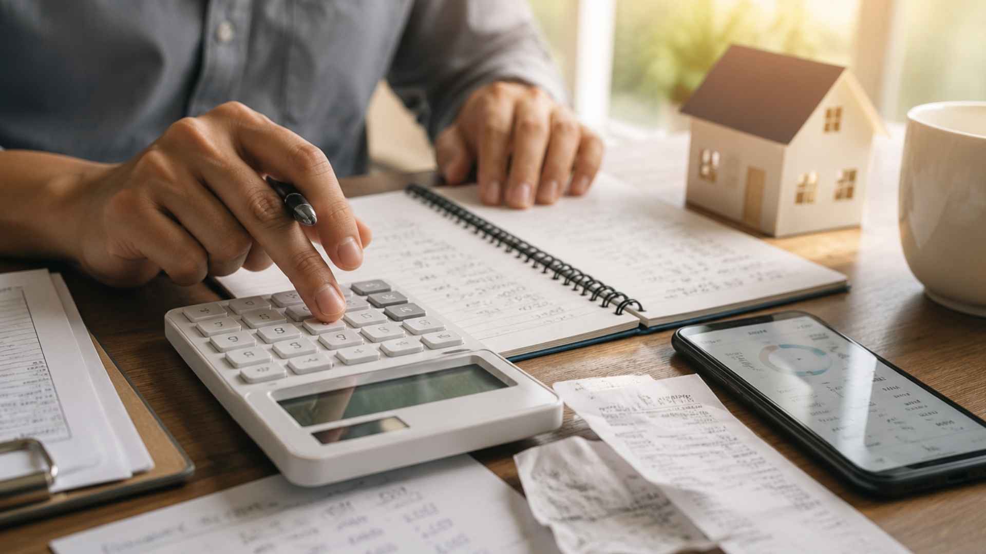 : Close-up of hands using a calculator next to a notebook, receipts, and a small model house on a wooden desk.