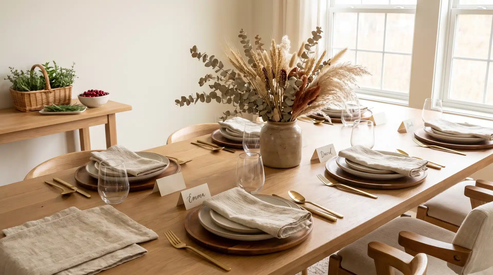 Thanksgiving table set ahead with linens, dishes, and dried centerpiece.