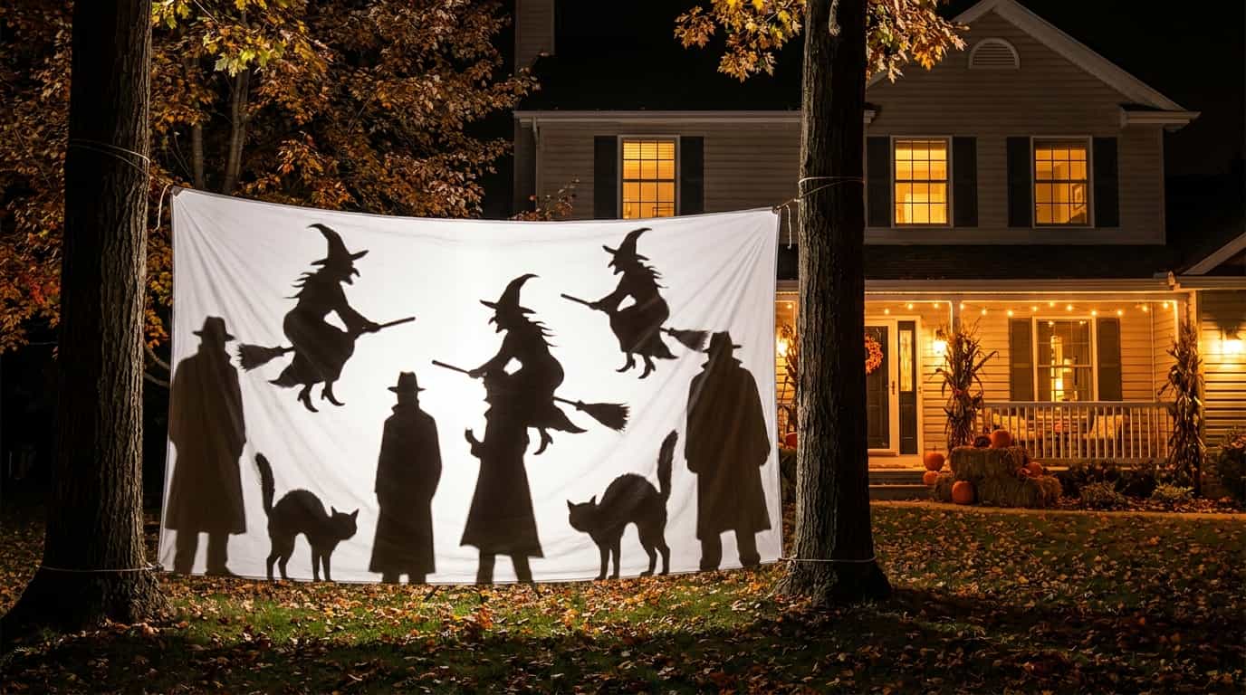 Halloween shadow figures projected behind windows with spooky silhouette decorations