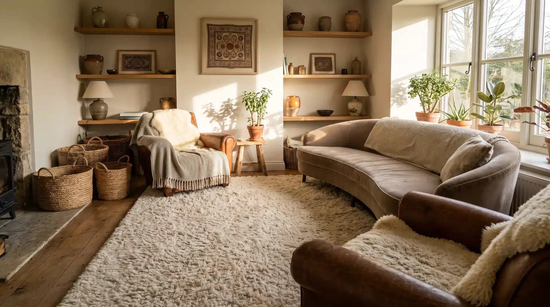 Cream shag rug adding texture to a cozy retro inspired living room.