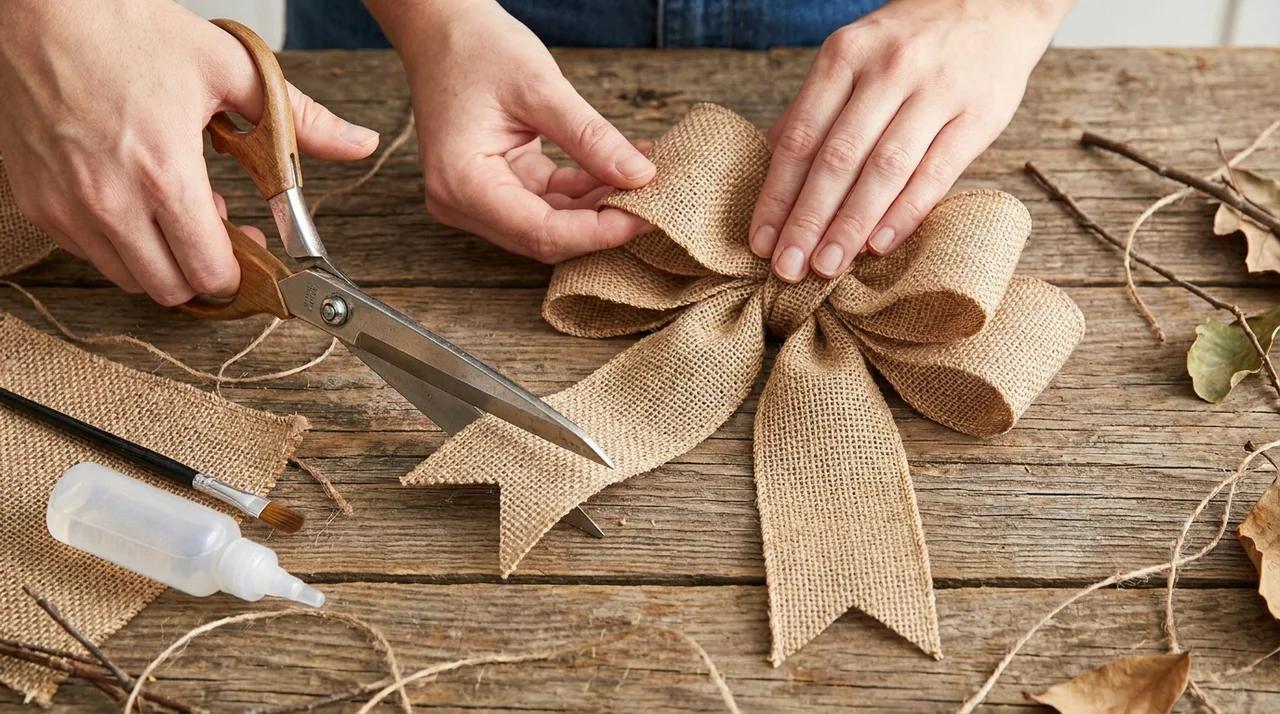 Shaping and trimming a finished burlap bow with even loops and V-cut ribbon tails for décor.