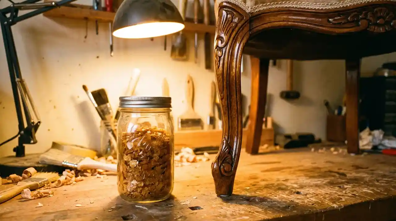 Shellac flakes in jar beside antique furniture leg finished with natural wood finish in warm workshop light.