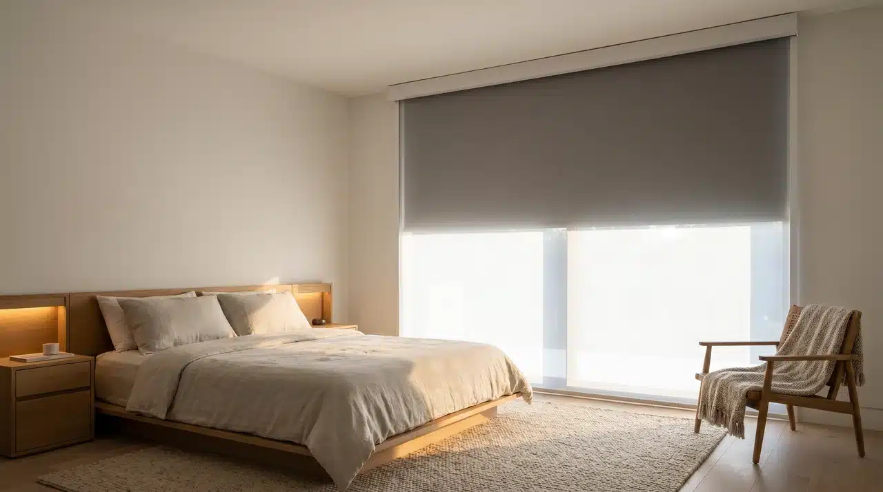 Motorized dual shade system combining sheer and blackout layers for automated light control in a smart home.