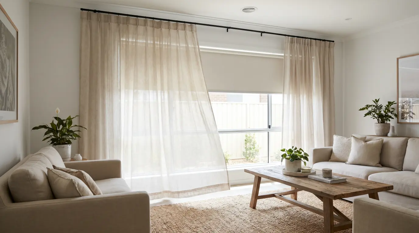 Sheer linen blend panels gently filtering sunlight in a bright dining area with natural wood furniture.