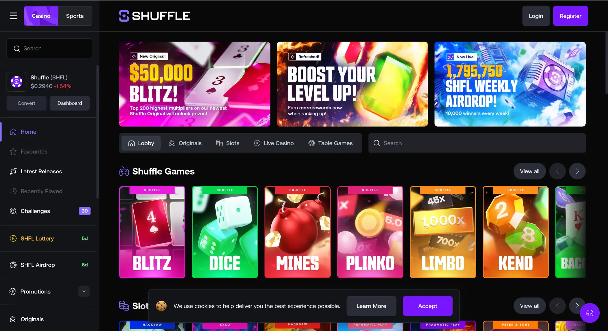 Online gaming platform homepage with brightly colored game icons and promotional banners