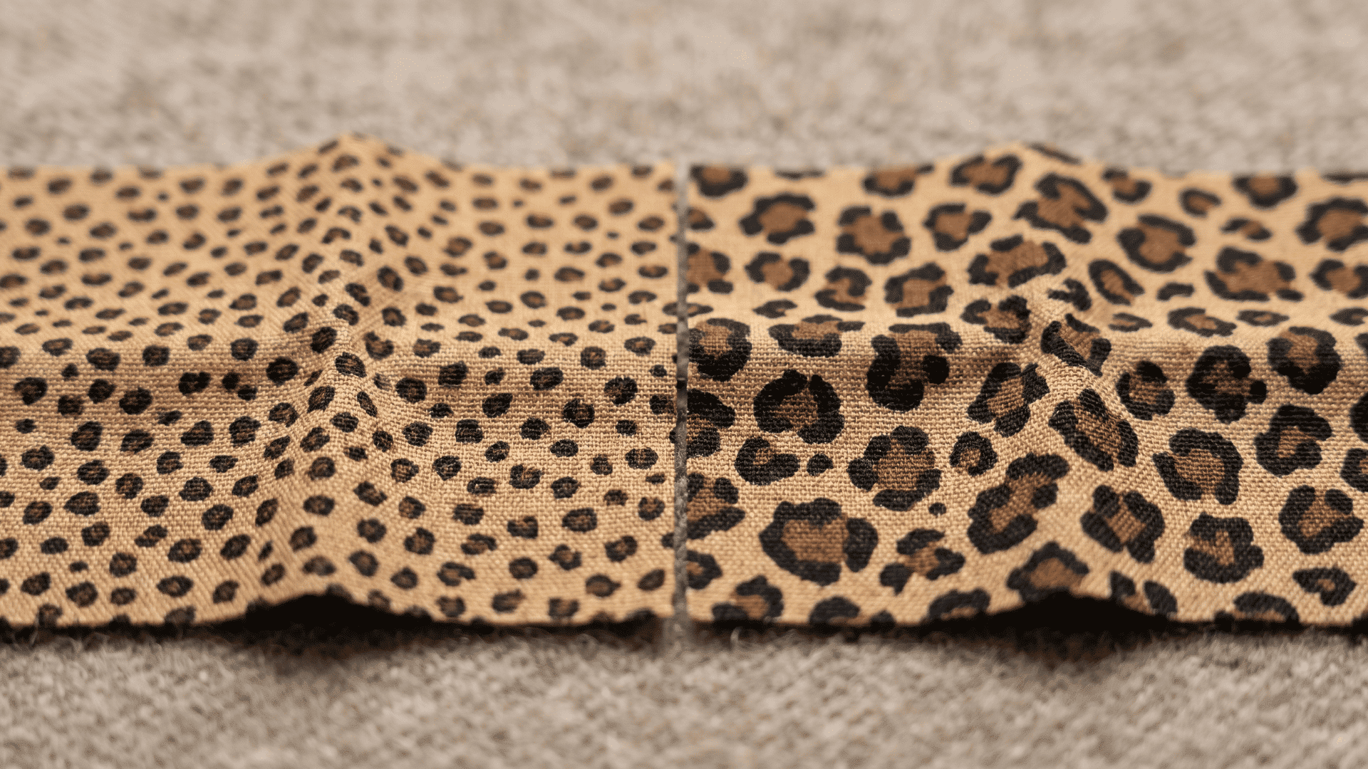 Side-by-side fabric swatches showing cheetah spots and leopard rosette patterns