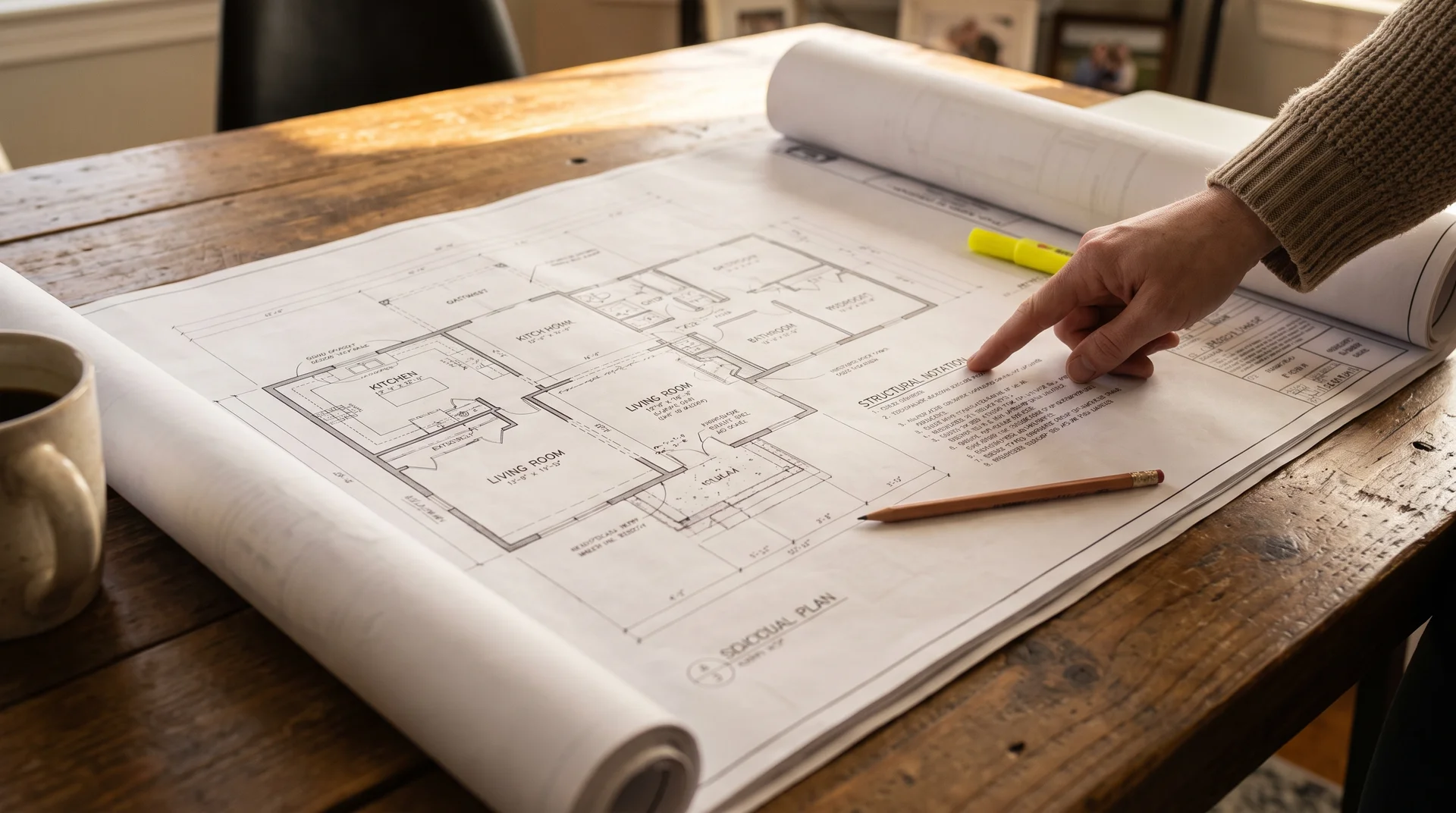 Architectural blueprints spread on wooden table with hand pointing to structural wall notation and pencil beside plans.
