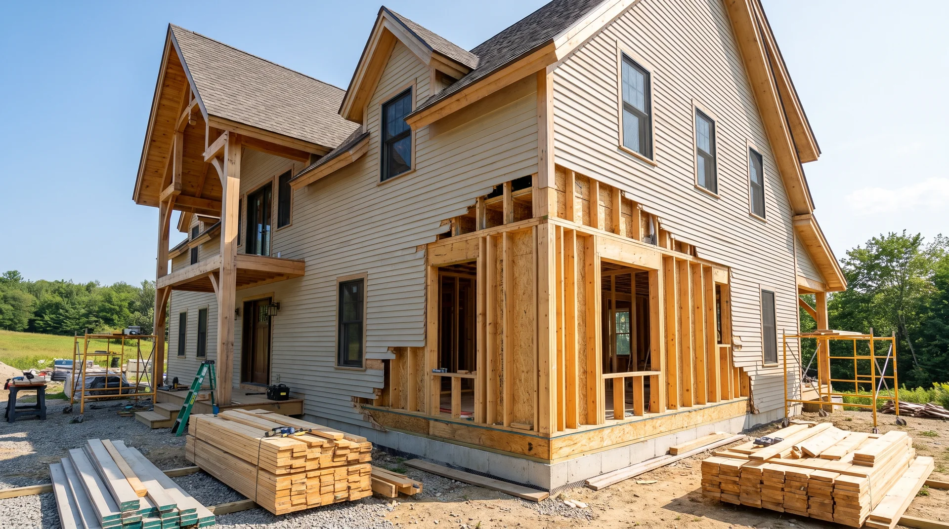 Exterior wall of US two-story home with cladding removed showing structural stud framing and foundation sill plate.