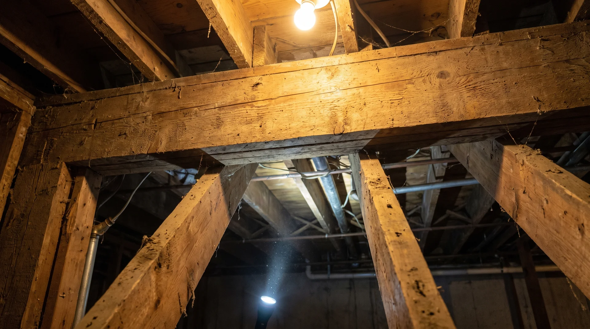 Exposed floor joists running perpendicular to wall plate in basement showing load-bearing wall indicator.