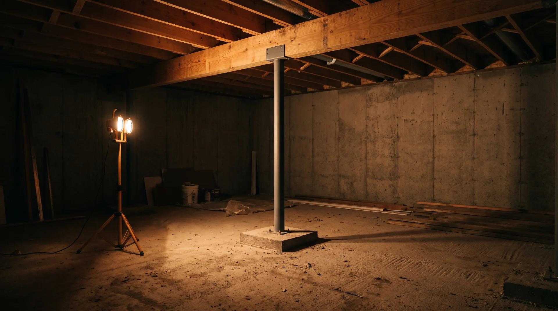 Steel lally column on concrete footing supporting main beam in US home basement directly below first-floor load-bearing wall.