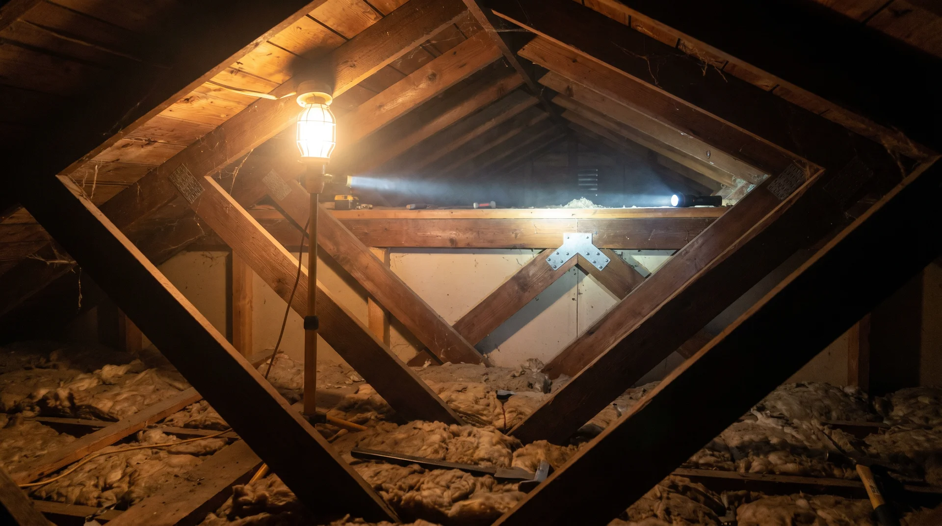 Attic roof rafters with diagonal purlin bracing connecting to interior wall top plate showing load-bearing wall sign.