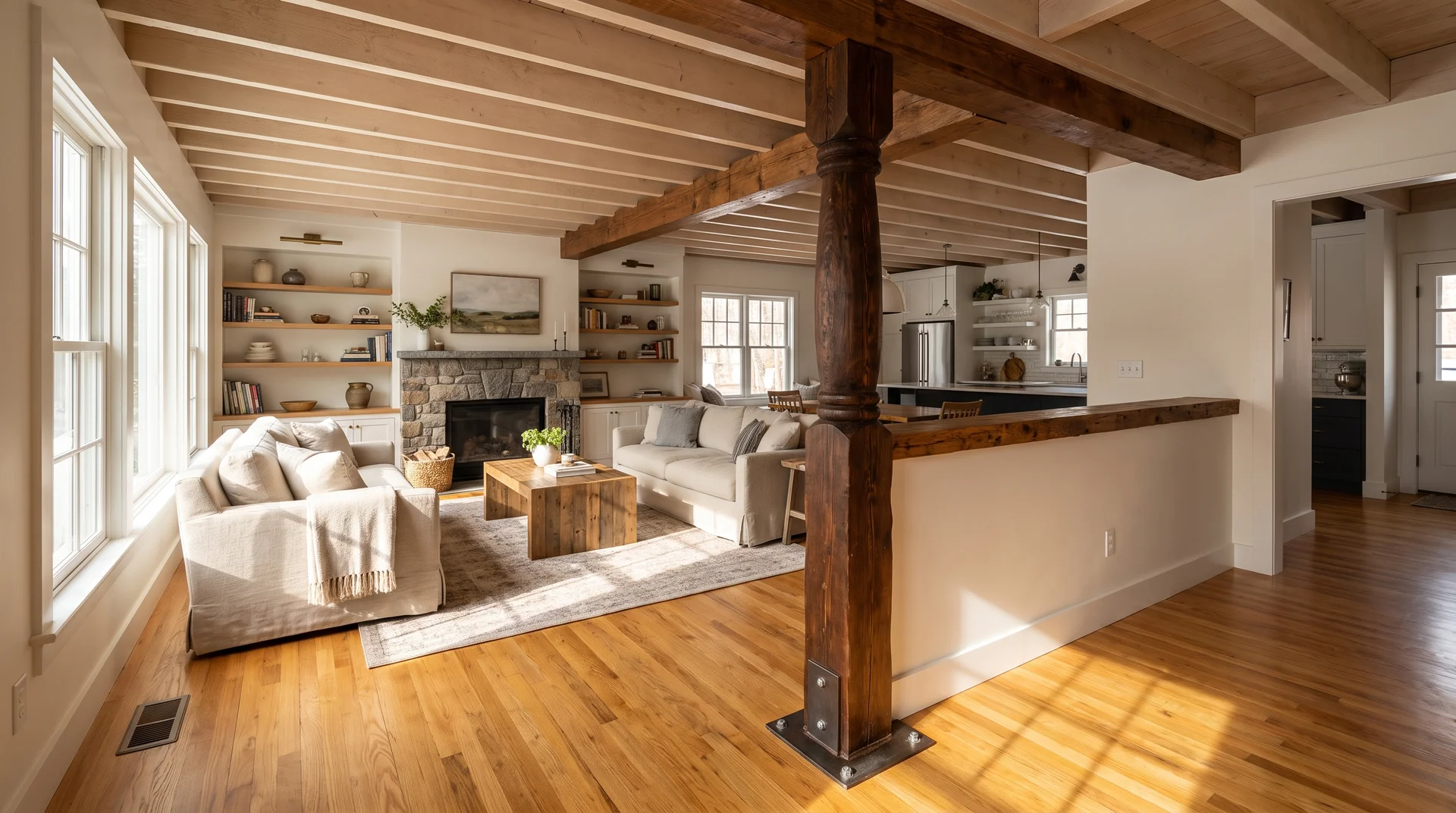 artial load-bearing wall ending in wooden post with visible beam connection in US open-plan living space.