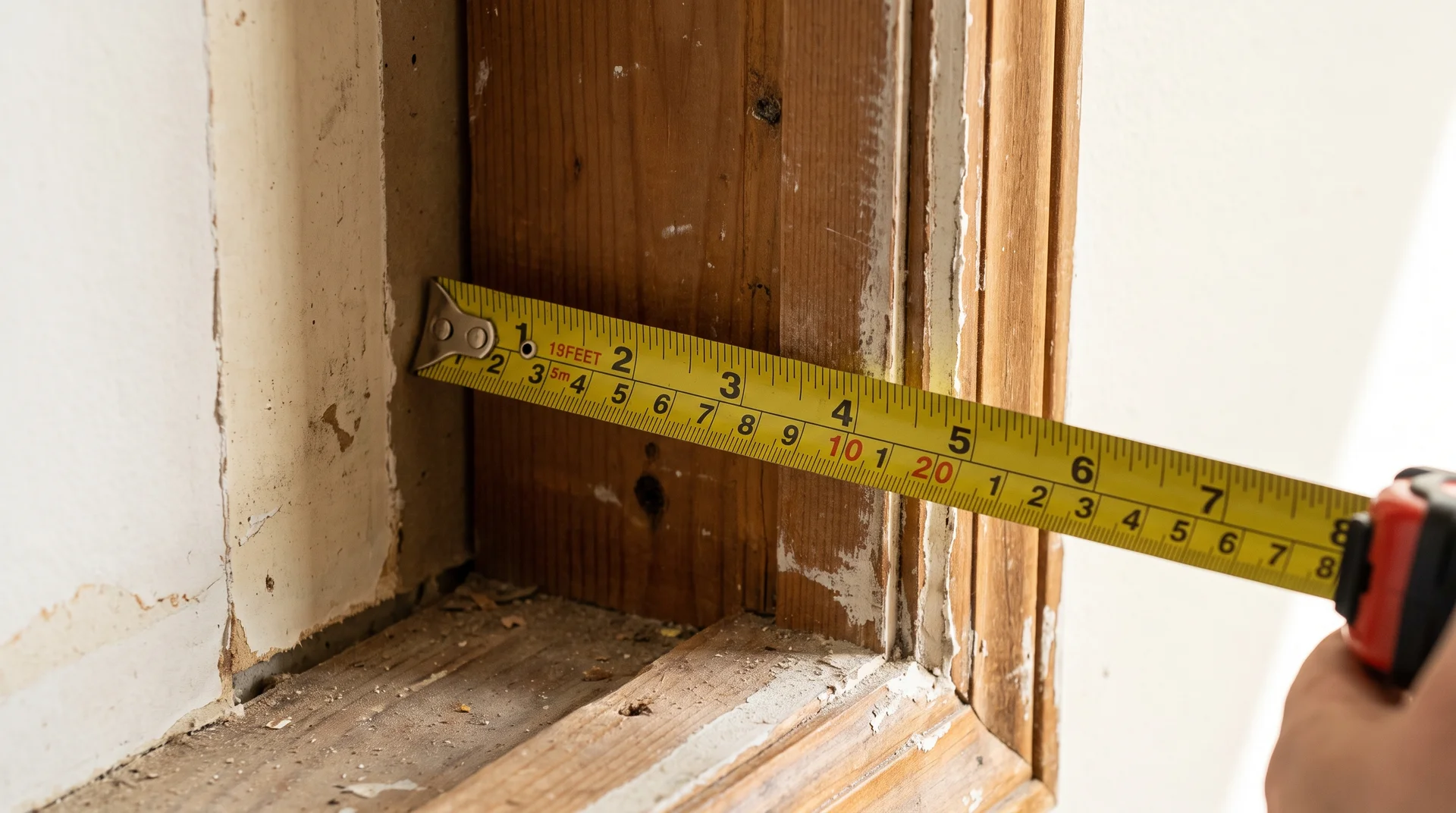 Steel tape measure showing wall thickness greater than six inches measured across door frame depth in home interior.